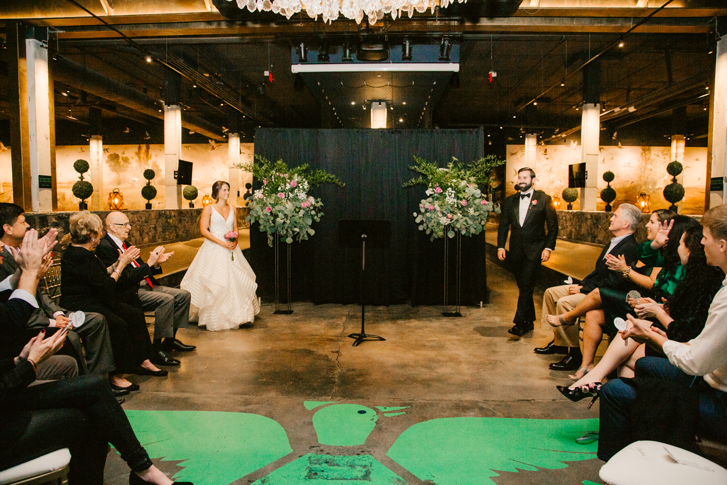 Wedding ceremony at Painted Duck bowling alley in Atlanta, Georgia