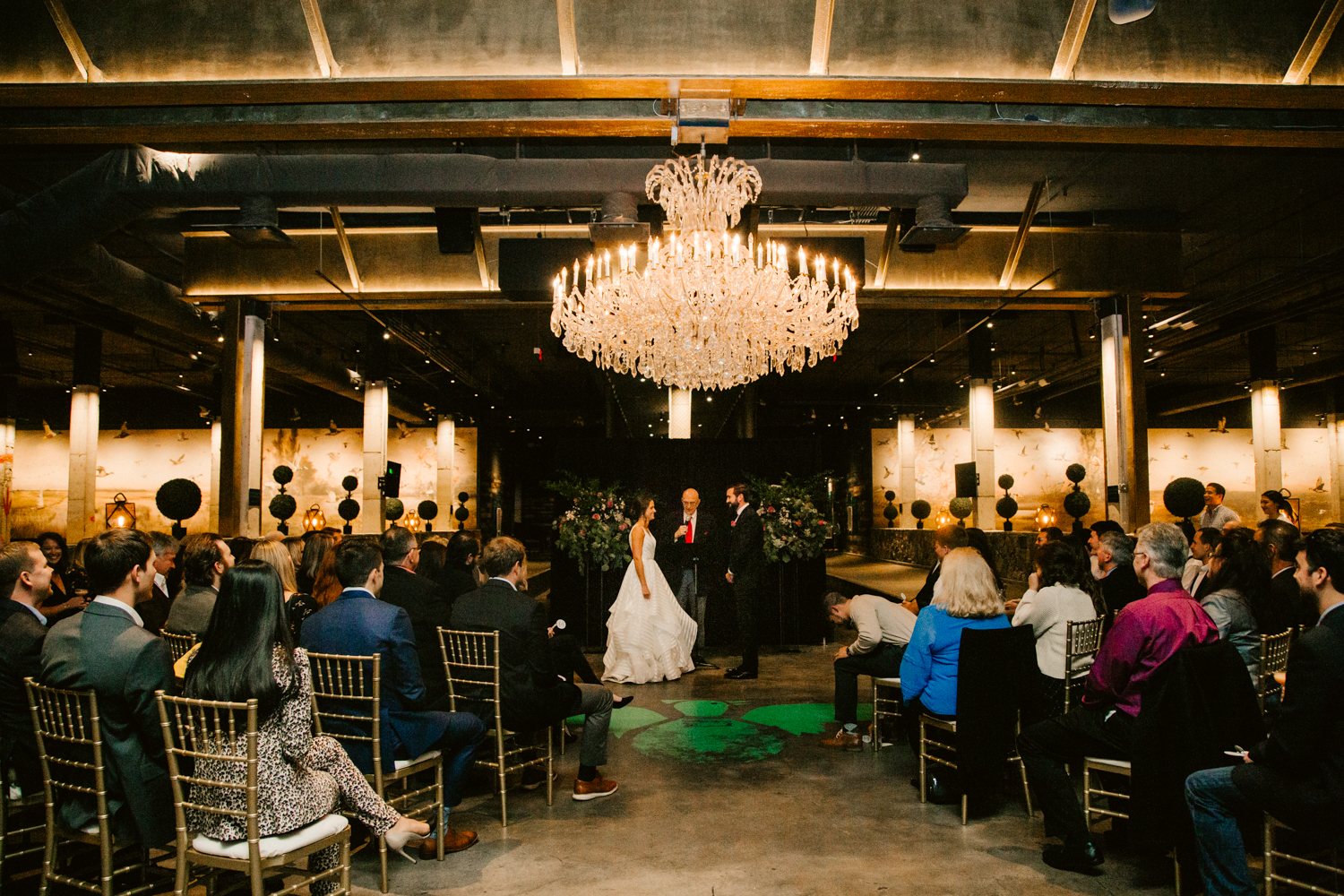 Wedding ceremony at Painted Duck bowling alley in Atlanta, Georgia