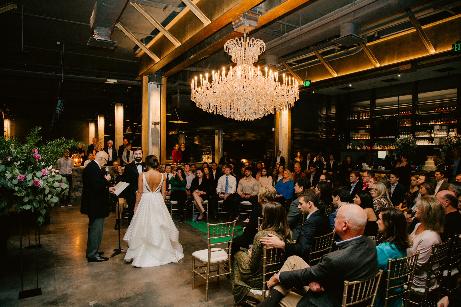 Wedding ceremony at Painted Duck bowling alley in Atlanta, Georgia